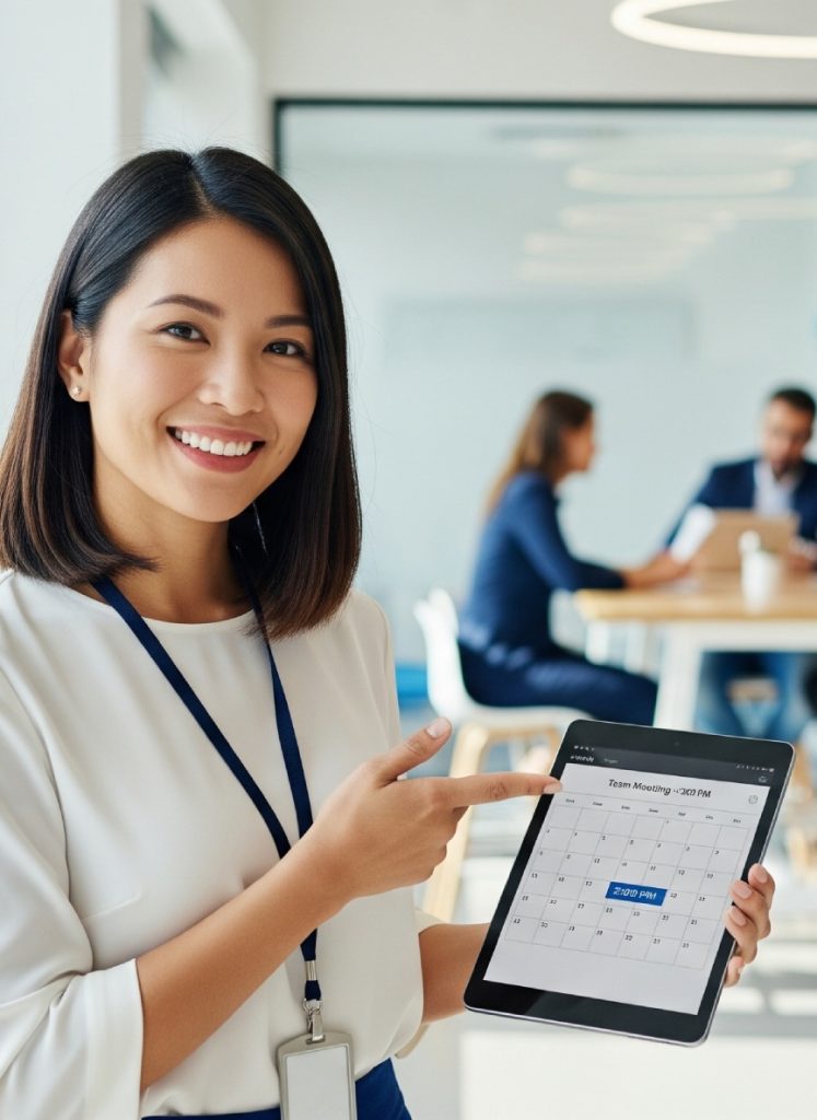 A woman in business attire points to a digital calendar on a tablet, displaying a scheduled team meeting, with colleagues seated at a table in the background.